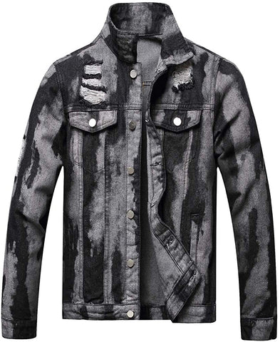 Men's Light Black Classic Ripped Slim Denim Jacket