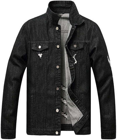 Men's Charcoal Black Classic Ripped Slim Denim Jacket