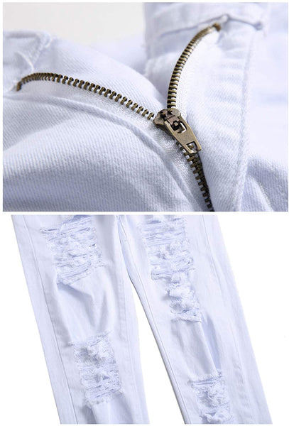 VintageLand White Ripped Jeans Slim Fit Denim Pants