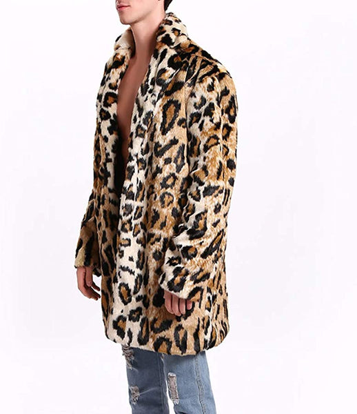 Men's Warm Leopard Faux Fur Long Luxury Parka Jacket