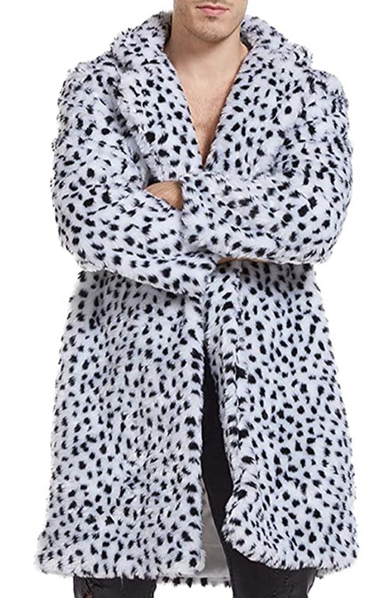 Men's Warm White Leopard Faux Fur Long Luxury Parka Jacket