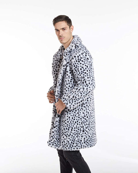 Men's Warm White Leopard Faux Fur Long Luxury Parka Jacket