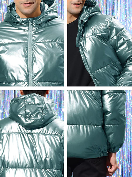 Men's Metallic Light Green Shiny Hooded Long Sleeve Jacket