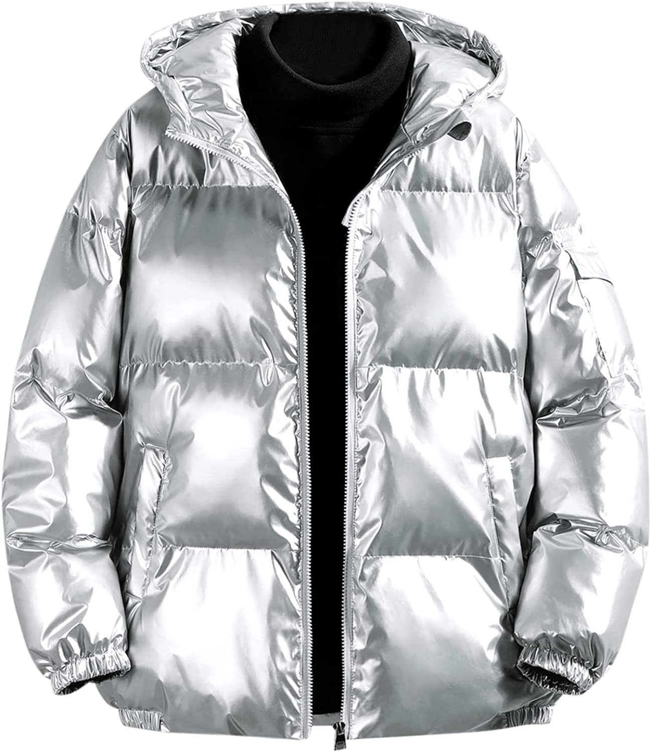 Men's Metallic Silver Shiny Hooded Long Sleeve Jacket