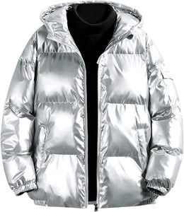 Men's Metallic Silver Shiny Hooded Long Sleeve Jacket