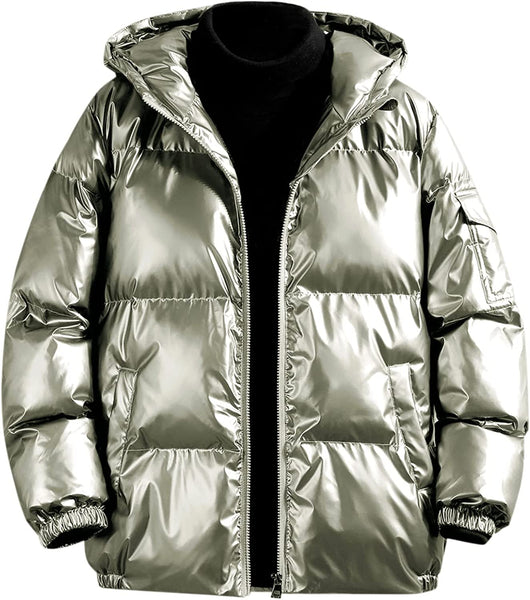 Men's Metallic Silver Shiny Hooded Long Sleeve Jacket