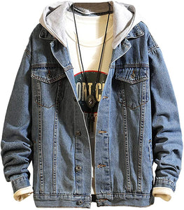 Men's Blue Denim Hoodie Casual Slim Fit Button Down Jeans Jacket