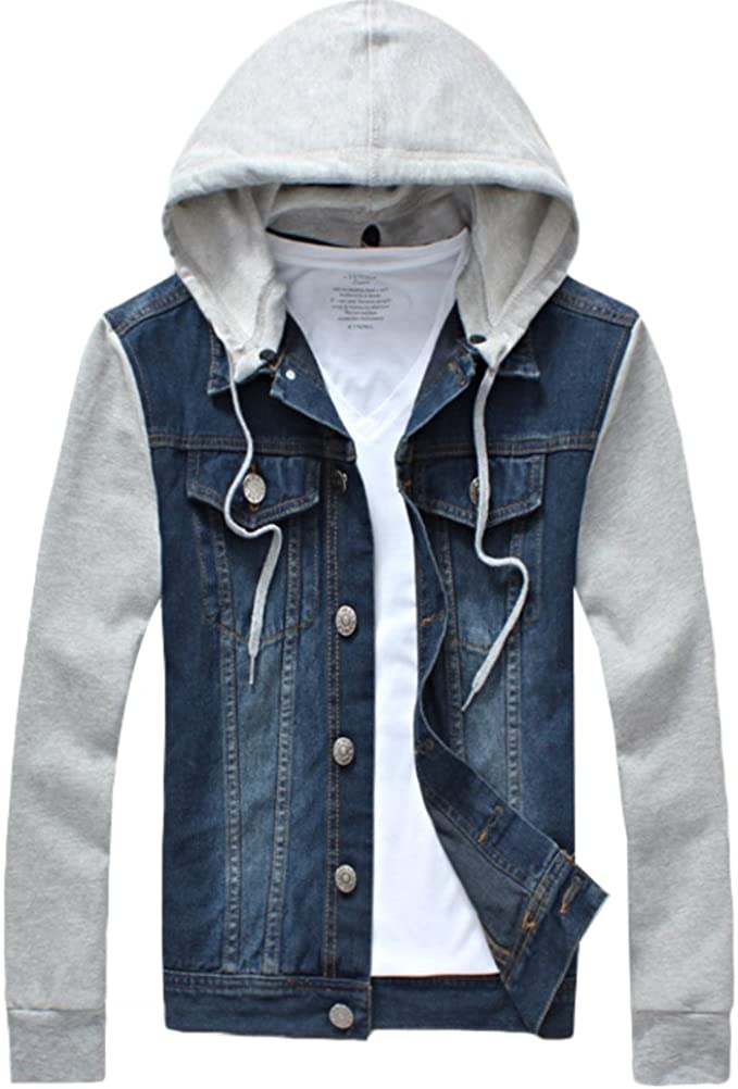 Men's Dark Blue Denim Hoodie Casual Slim Fit Button Down Jeans Jacket