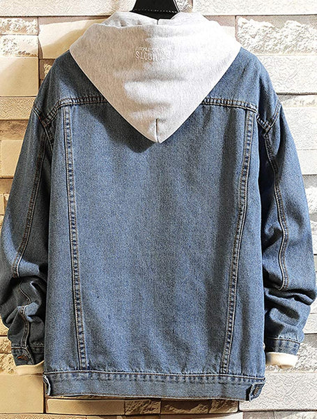 Men's Blue Denim Hoodie Casual Slim Fit Button Down Jeans Jacket