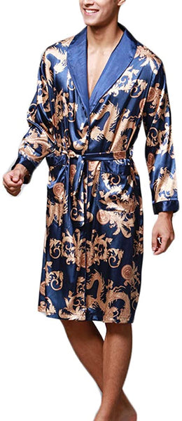 Men's Gray Satin Kimono Silk Long Sleeve Robe