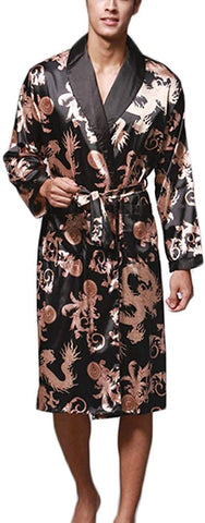 Men's Black Satin Kimono Silk Long Sleeve Robe