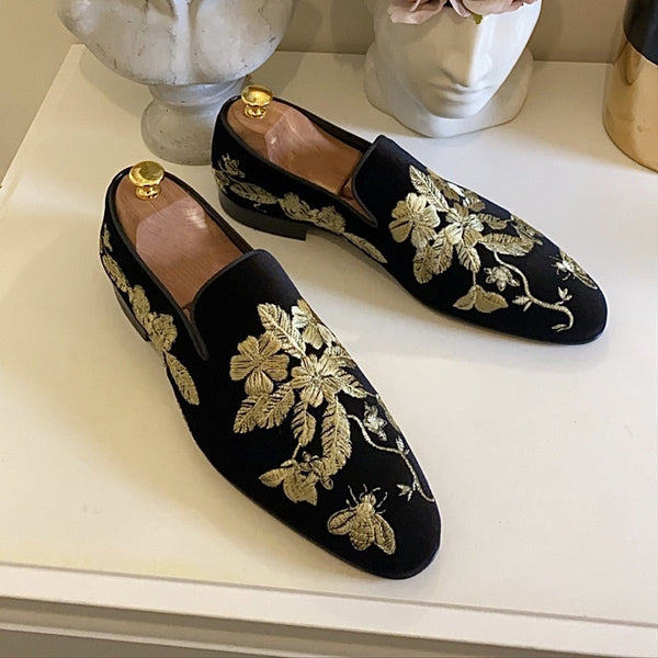 Men's Jameson Black Suede Gold Embroidery Floral Dress Shoes