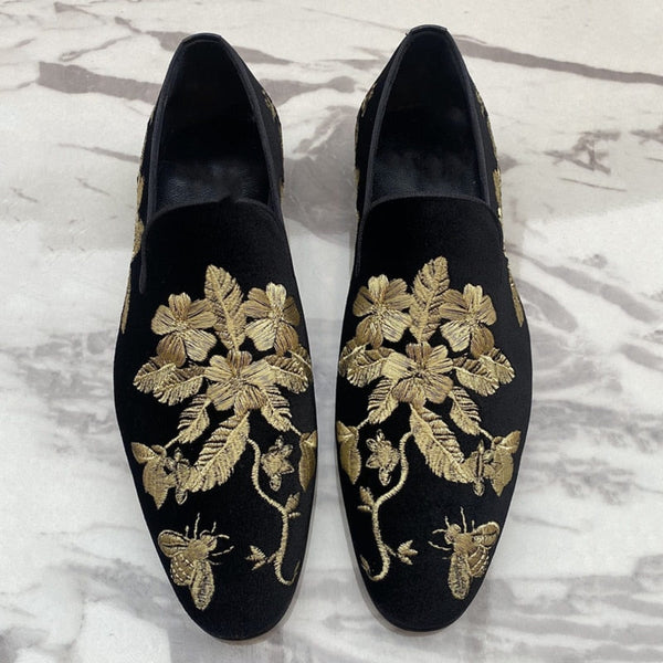 Men's Jameson Black Suede Gold Embroidery Floral Dress Shoes