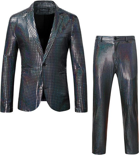 Men's Black Shiny Jacket & Metallic Pants 2 Piece Sequin Sets