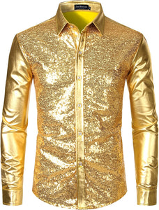 Shiny Gold Metallic Sequin Long Sleeve Party Men's Shirt