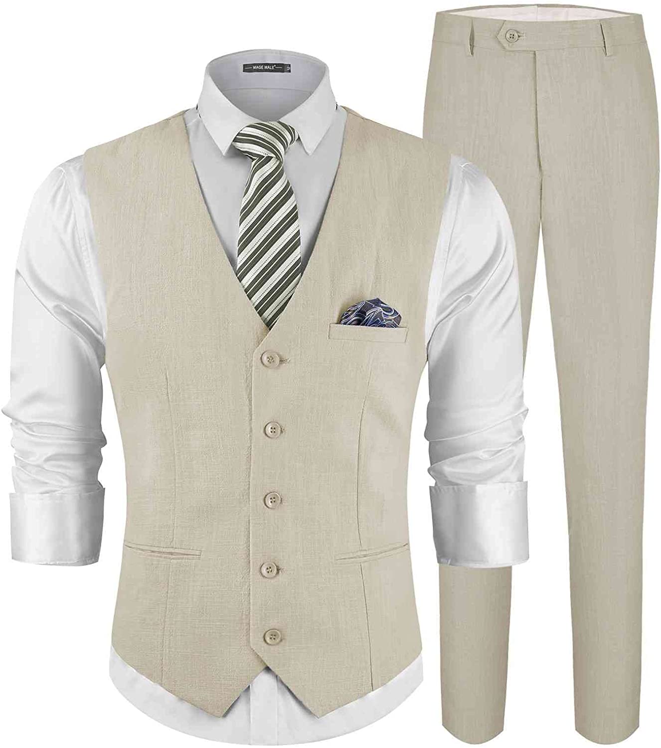 Men's Beige 2 Piece Suit Slim Fit Vest Pants Set