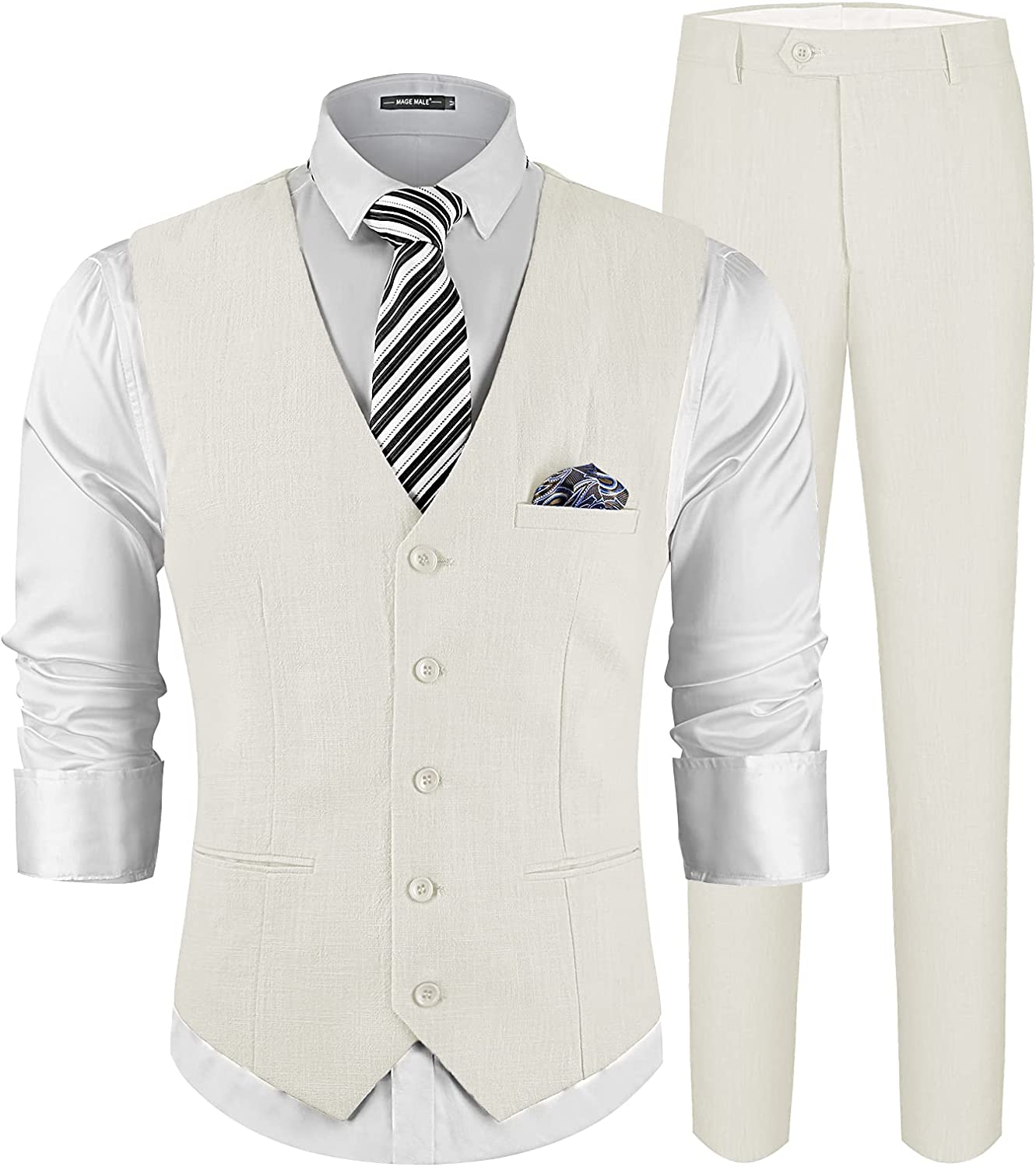 Constantino White 2 Piece Suit Slim Fit Vest Pants Set with Pocket Square