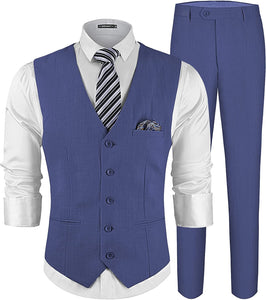 Men's Denim Blue 2 Piece Suit Slim Fit Vest Pants Set