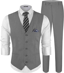 Men's Grey 2 Piece Suit Slim Fit Vest Pants Set