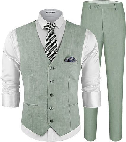 Men's Sage Green 2 Piece Suit Slim Fit Vest Pants Set