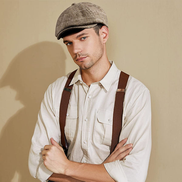 Khaki Herringbone Newsboy Cap