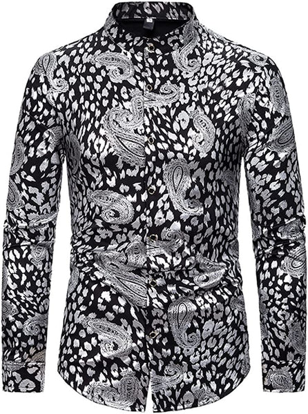 Elegant Silver Paisley Print Casual Men's Long Sleeve Dress Shirt