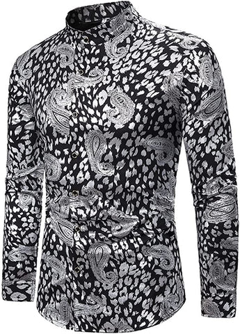 Elegant Silver Paisley Print Casual Men's Long Sleeve Dress Shirt