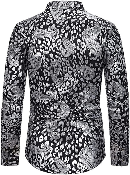 Elegant Silver Paisley Print Casual Men's Long Sleeve Dress Shirt