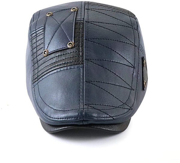 Newsboy Hat Dark Blue PU Leather Classic Flat Cap