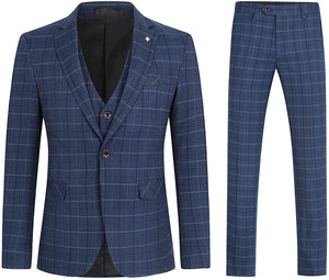 Modern Dark Blue Plaid 3-Piece Men's Suit