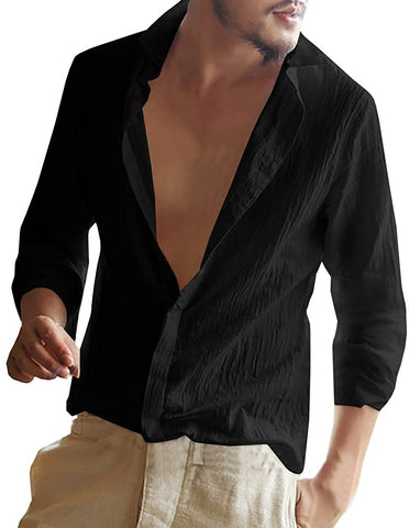 Casual Matte Black Linen Long Sleeve Lightweight Button Up Shirt