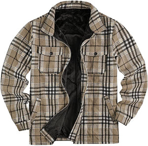 Men's Beige Fleece Buffalo Plaid Sherpa Jacket