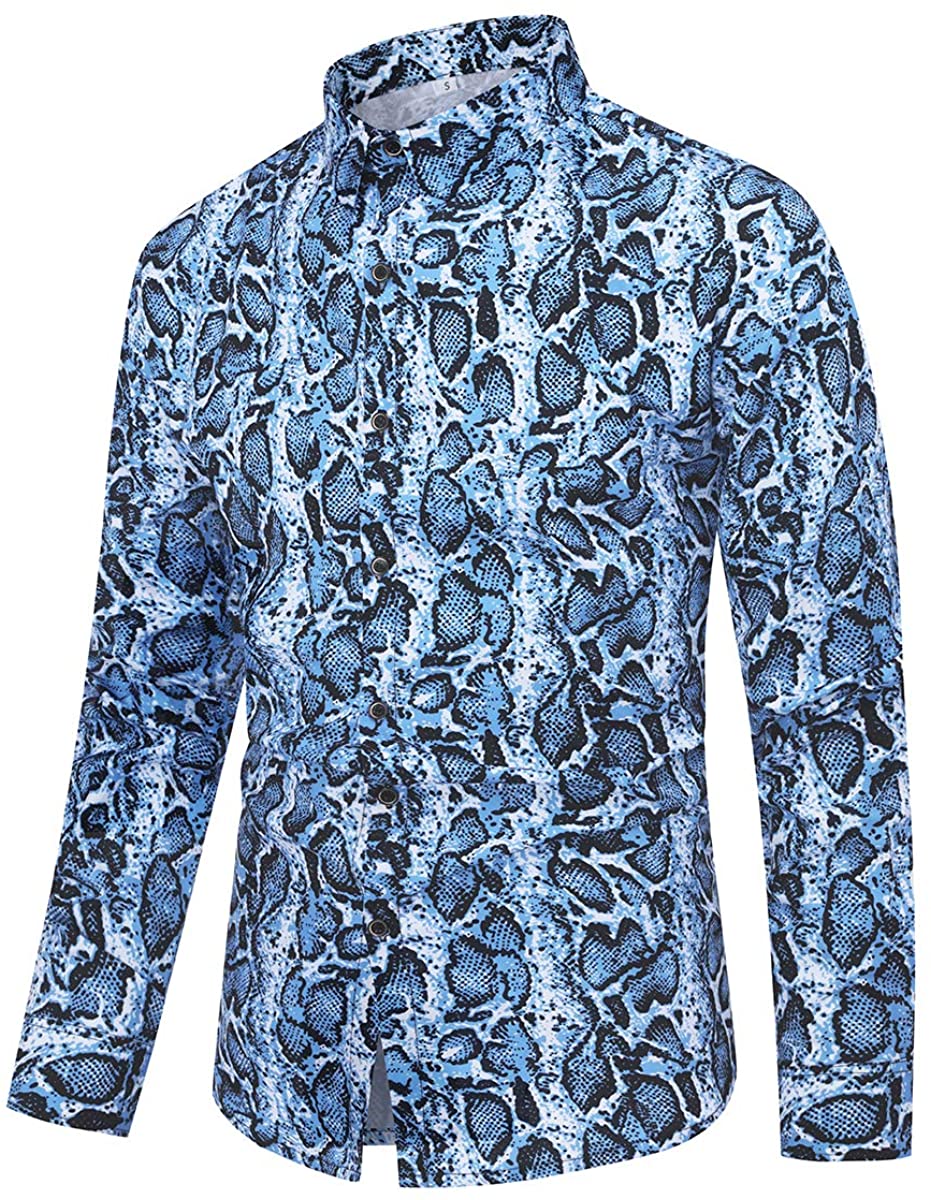 Men's Turquoise Blue Leopard Printed Long Sleeve Button Down Shirt