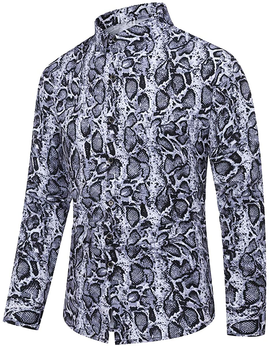 Men's Gray Cheetah Printed Long Sleeve Button Down Shirt