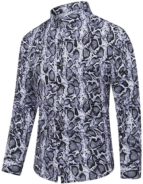 Men's Blue White Cheetah Printed Long Sleeve Button Down Shirt