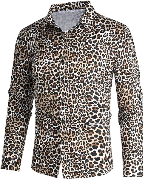 Men's Gray Cheetah Printed Long Sleeve Button Down Shirt