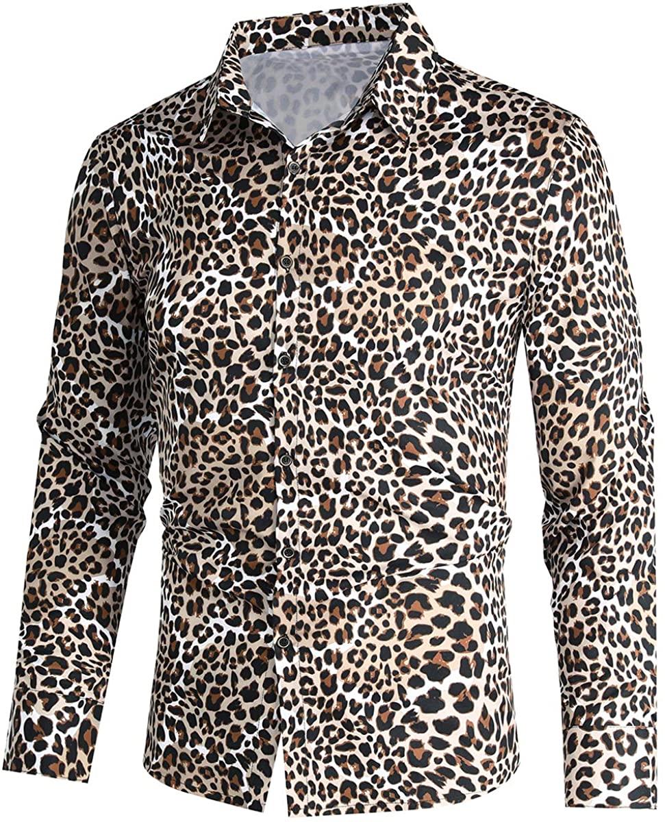 Men's Brown Cheetah Printed Long Sleeve Button Down Shirt