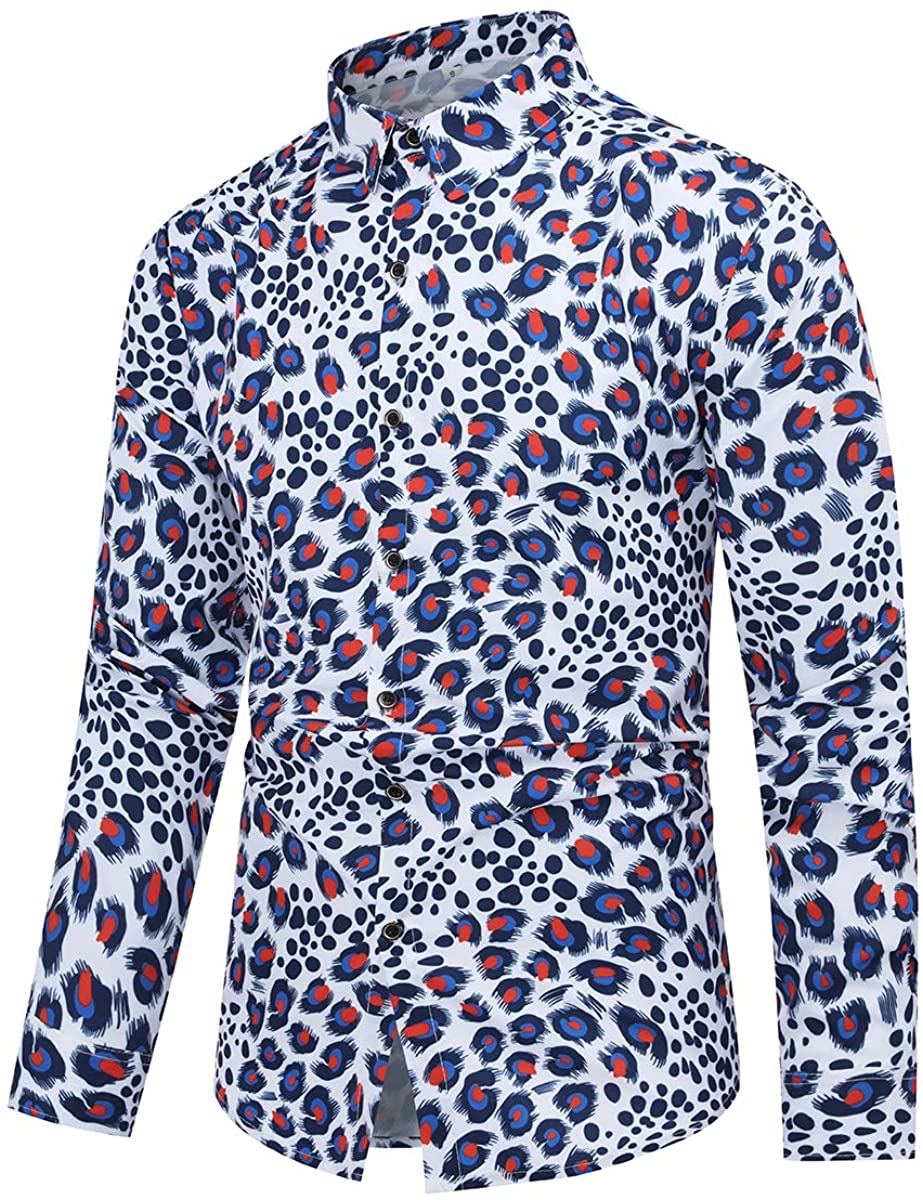 Men's Blue White Cheetah Printed Long Sleeve Button Down Shirt