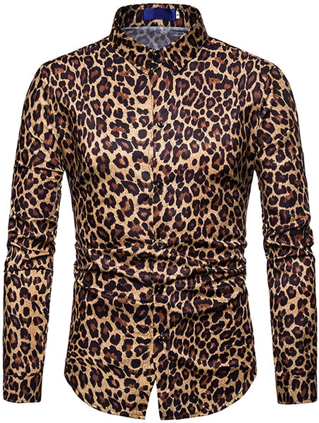 Men's Gray Cheetah Printed Long Sleeve Button Down Shirt