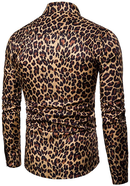 Men's Brown Cheetah Printed Long Sleeve Button Down Shirt