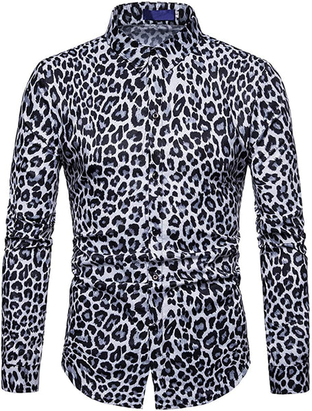 Men's Turquoise Blue Leopard Printed Long Sleeve Button Down Shirt