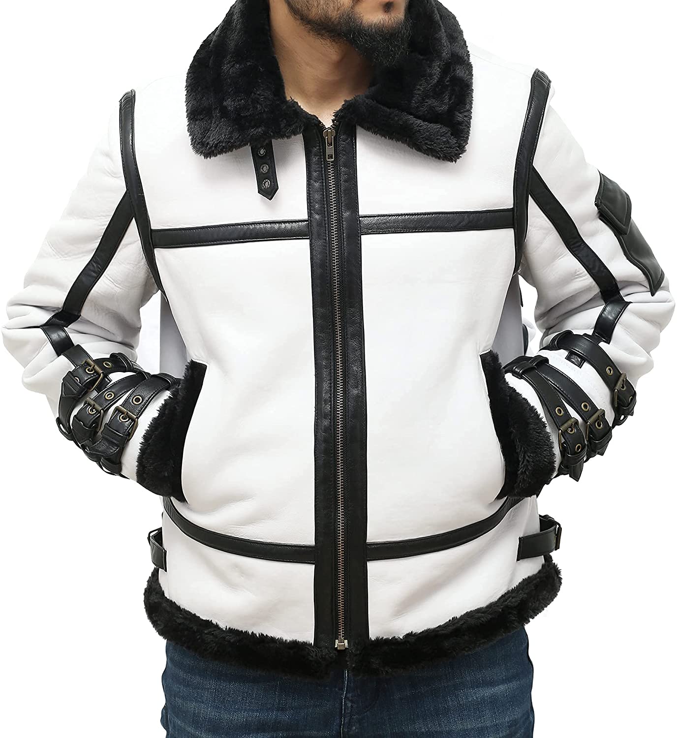 Men's Shearling White Aviator Leather Jacket