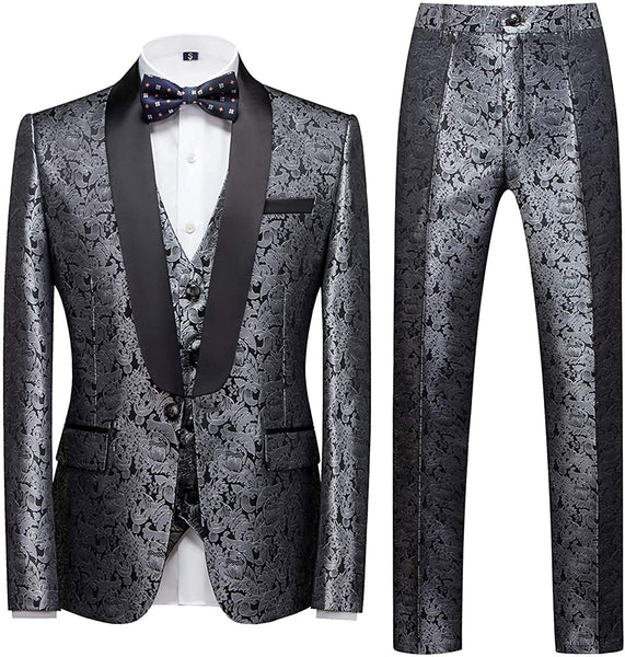 Men's Artistic Black Long Sleeve 3pc Paisley Suits Set