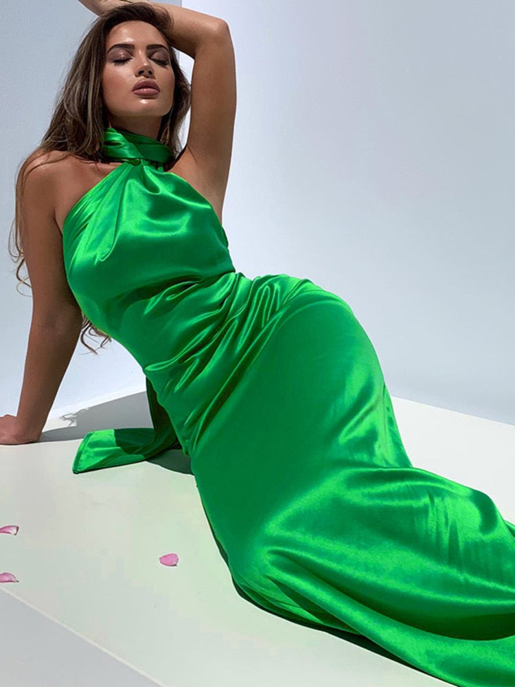 Satin Halter Chic Green Sleeveless Maxi Dress