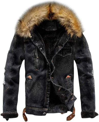 Men's Faux Fur Collar Black Sherpa Fleece Lined Distressed Denim Trucker Jacket