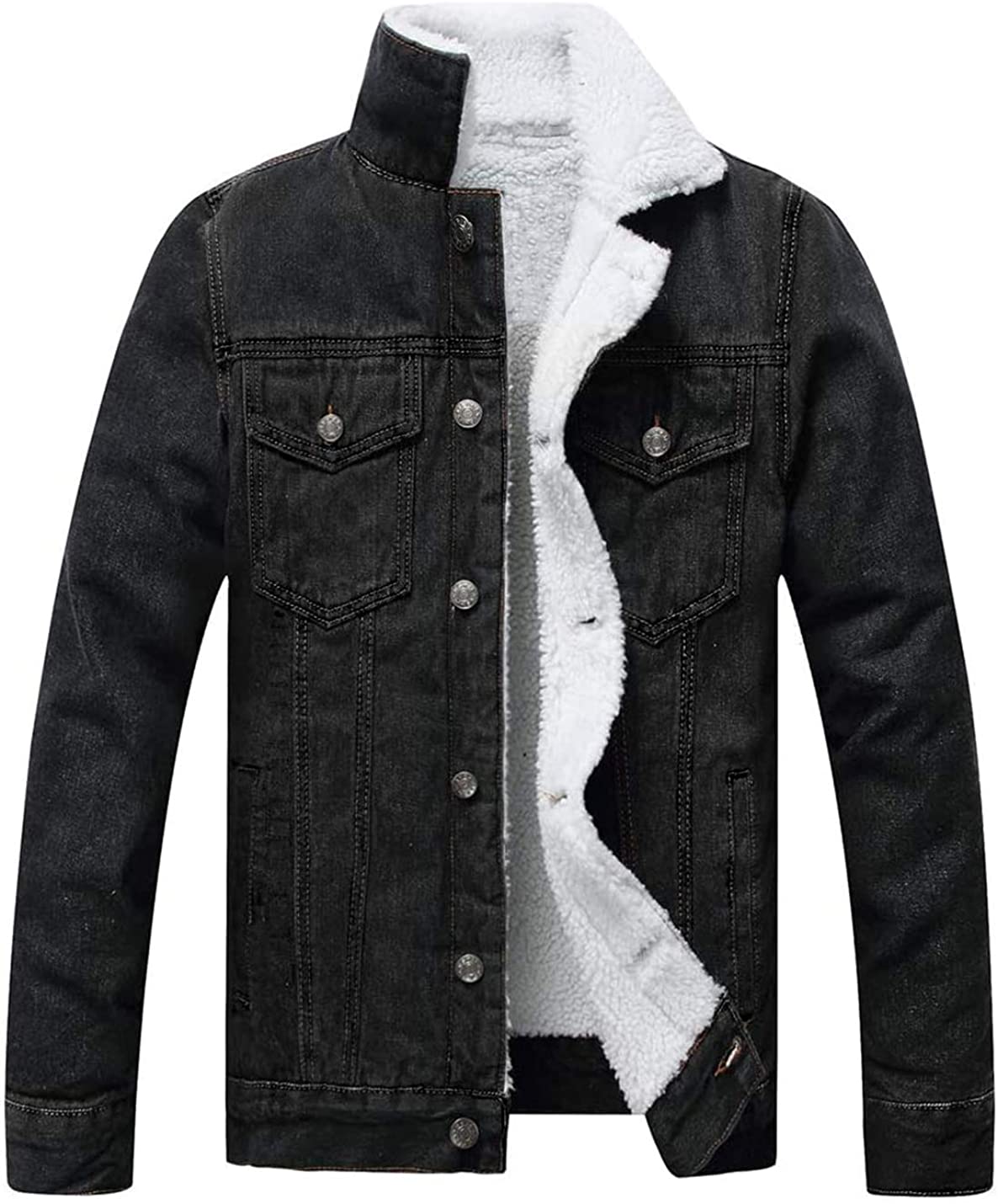 Men's Faux Fur Black Sherpa Fleece Lined Distressed Denim Trucker Jacket