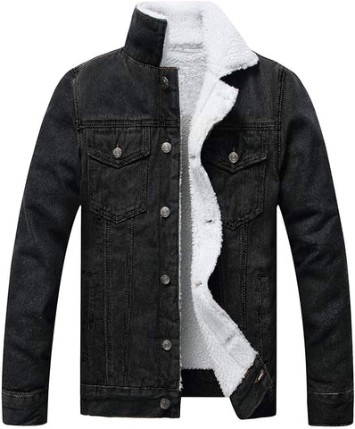 Men's Faux Fur Black Sherpa Fleece Lined Distressed Denim Trucker Jacket