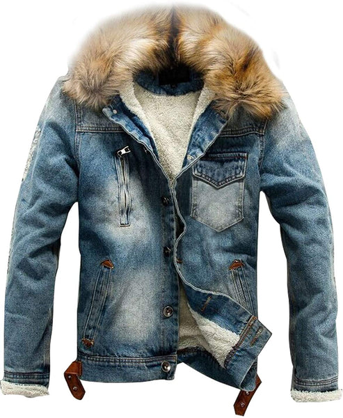 Men's Faux Fur Dark Blue Sherpa Fleece Lined Denim Trucker Jacket