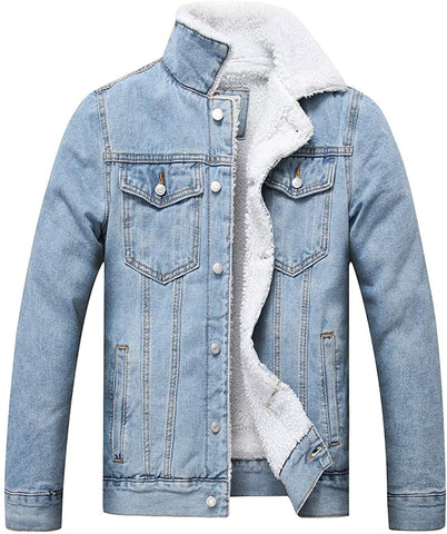 Men's Faux Fur Collar Light Blue Sherpa Fleece Lined Distressed Denim Trucker Jacket