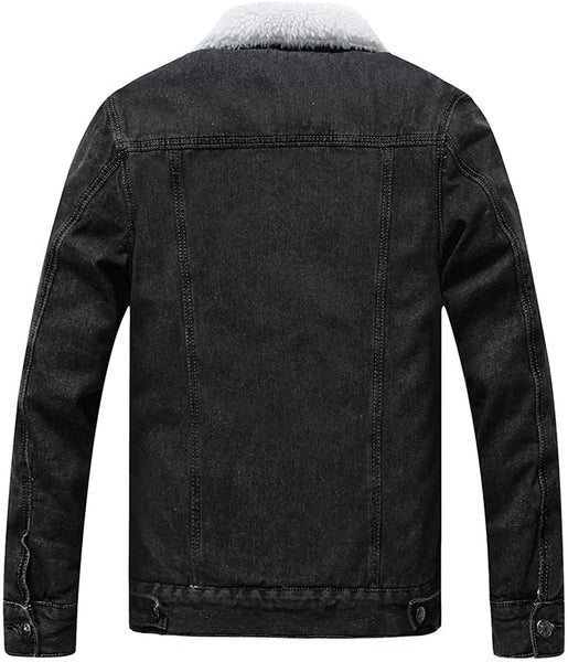 Men's Faux Fur Black Sherpa Fleece Lined Distressed Denim Trucker Jacket